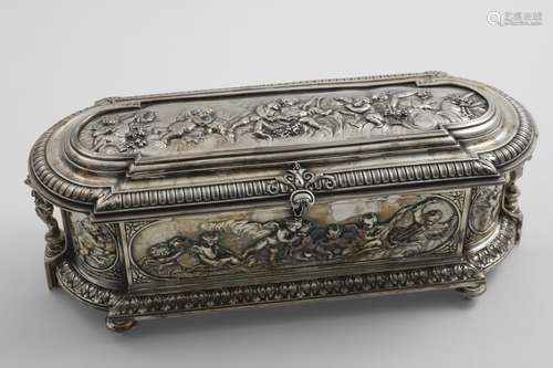 A LATE 19TH CENTURY CONTINENTAL ELECTROPLATED CASKET of shap...