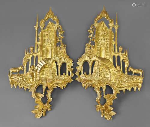 A PAIR OF CARVED AND GILT ROCOCO STYLE WALL MOUNTS AFTER THO...