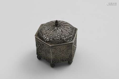 A 19TH CENTURY FILIGREE-WORK BOX & COVER hexagonal with Chin...