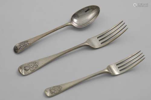 VICTORIAN ADMIRALTY PATTERN FLATWARE:- A table fork by J. Hu...