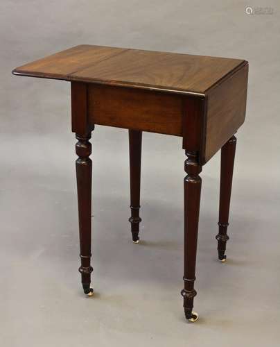 A VICTORIAN MAHOGANY DROP FLAP SIDE TABLE, the rectangular t...