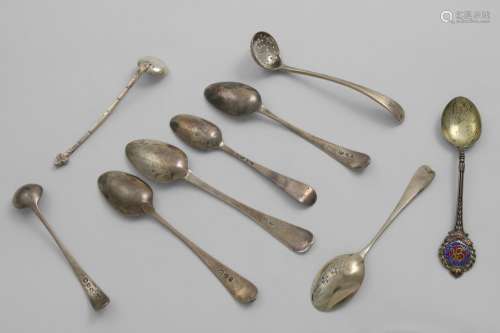A MIXED LOT:- A George III picture-back tea spoon, a tea spo...