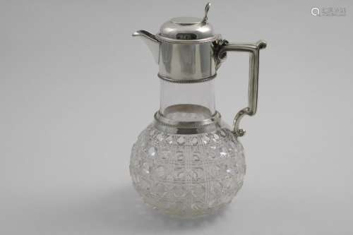 A VICTORIAN MOUNTED CUT-GLASS CLARET JUG with a globular bod...