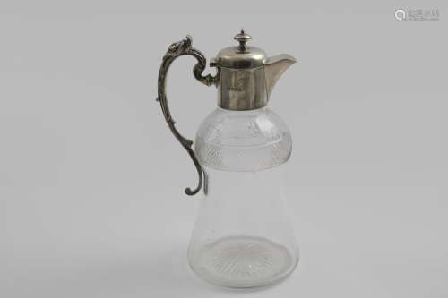 A LATE VICTORIAN MOUNTED CUT-GLASS CLARET JUG with a campana...