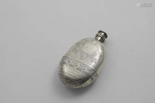 AN EARLY VICTORIAN SMALL OVAL SPIRIT FLASK with engraved dec...