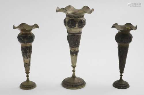 A PAIR AND ONE LARGER INDIAN VASE with shaped rims and chase...