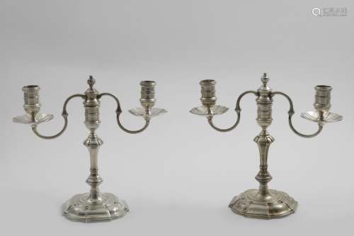 A PAIR OF LATE 20TH CENTURY TWIN-LIGHT CAST CANDELABRA on sh...