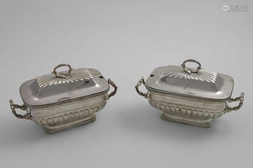 A PAIR OF MIDDLE PERIOD OLD SHEFFIELD PLATED SAUCE TUREENS &...