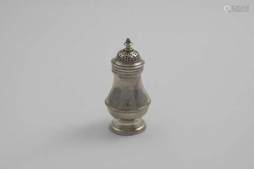 A GEORGE II BALUSTER PEPPER CASTER the bun cover with a knop...