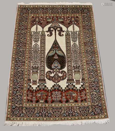 KASHMIR SILK PILED PRAYER RUG, modern. The ivory field with ...