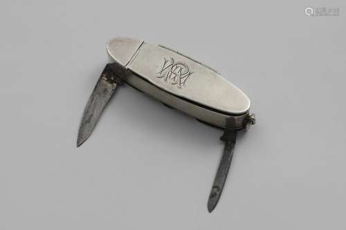 A VICTORIAN VESTA CASE, CIGAR CUTTER, PENKNIFE & BUTTON HOOK...