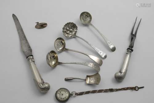 A MIXED LOT:- Four various antique sugar sifter ladles, a Ge...