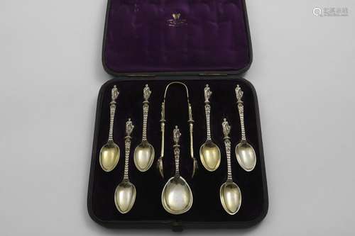 A VICTORIAN CASED SET OF SIX SILVERGILT APOSTLE-TERMINAL TEA...