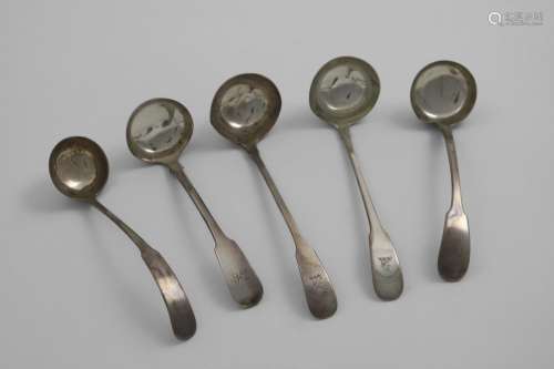 FIVE SCOTTISH TODDY LADLES:- A Fiddle pattern pair, initiall...