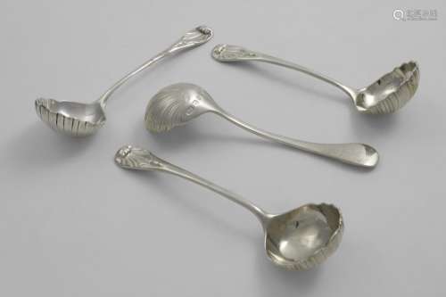 A MATCHED SET OF FOUR GEORGE III SAUCE LADLES Hanoverian pat...