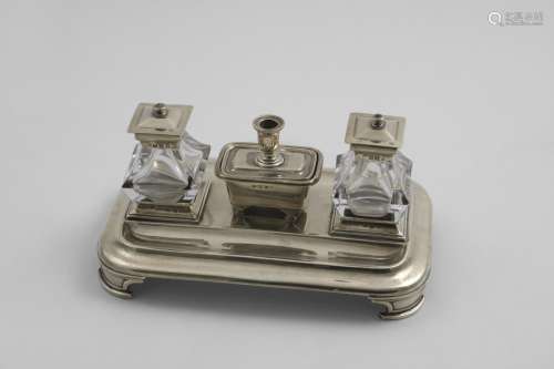 A VICTORIAN RECTANGULAR INKSTAND with rounded corners, brack...