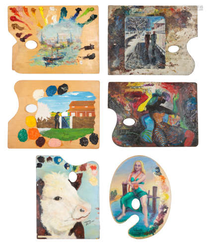 A GROUP OF SIX 20TH CENTURY PAINTED ARTIST PALETTES, INCLUDI...