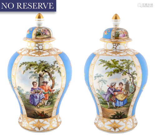 A PAIR OF GERMAN COVERED PORCELAIN URNS, CARL THIEME, POSTCH...