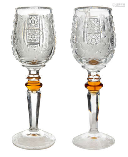 PAIR OF SOVIET CUT CRYSTAL PRESENTATION GOBLETS TO LEONID AN...