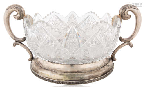 A LARGE FABERGE CUT CRYSTAL AND SILVER BOWL, WORKMASTER KARL...