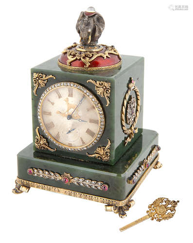 A FABERGE-STYLE NEPHRITE, GILT SILVER AND GUILLOCHE ENAMEL D...