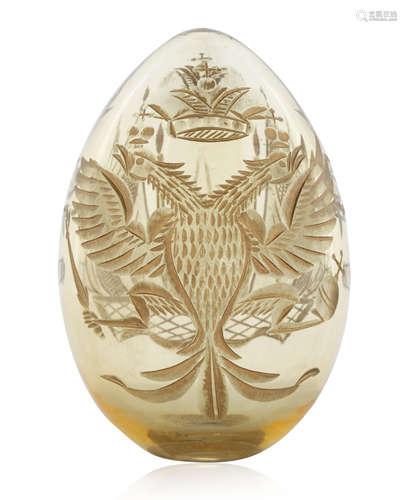 A RUSSIAN MONOGRAMMED GLASS EASTER EGG, IMPERIAL GLASS FACTO...