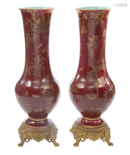 A PAIR OF EUROPEAN MONUMENTAL CHINOISERIE STYLE VASES ON ORM...