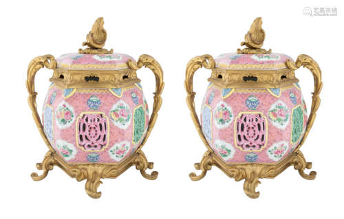 A PAIR OF CHINESE ORMOLU-MOUNTED PORCELAIN VASES, EARLY 20TH...