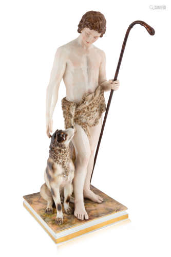 A GERMAN MEISSEN PORCELAIN FIGURE OF A SHEPHERD, MEISSEN, LA...