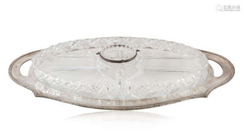 A BRITISH SILVER SERVING TRAY AND CRYSTAL HORS D'OEUVRE FIVE...