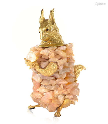 A BRASS AND ROSE QUARTZ SQUIRREL BY ANTHONY REDMILE (B. 1940...