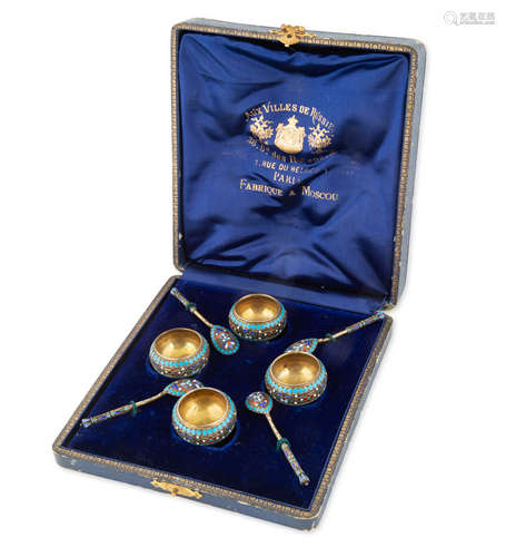 A SET OF FOUR RUSSIAN SILVER, ENAMEL AND CLOISONNE SALONIKA'...