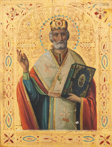 A RUSSIAN ICON OF ST. NICHOLAS THE WONDERWORKER, LATE 19TH C...