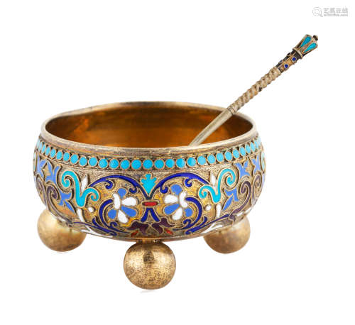 A RUSSIAN GILT SILVER AND CLOISONNE ENAMEL SALT CELLAR AND S...