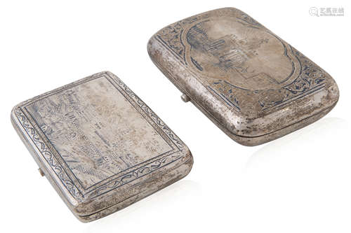 A PAIR OF RUSSIAN SILVER AND NIELLO CIGARETTE CASES, ONE SER...