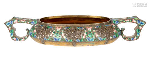 A RUSSIAN FABERGE-STYLE SILVER AND SHADED CLOISONNE ENAMEL S...