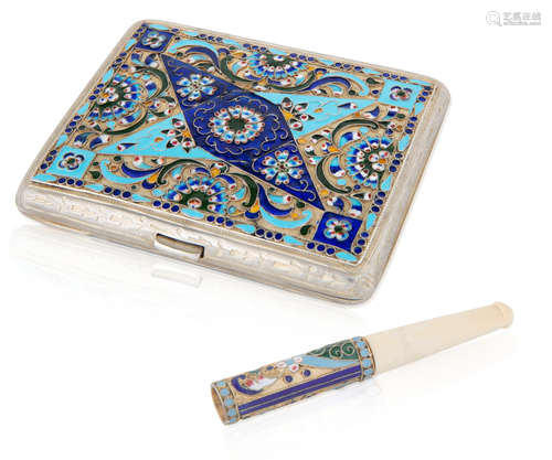 A RUSSIAN SILVER AND CLOISONNE ENAMEL CIGARETTE CASE WITH MA...