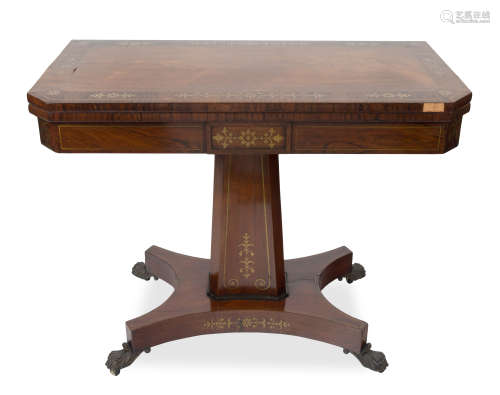 A REGENCY ROSEWOOD AND BRASS INLAY CARD TABLE, CIRCA 1810-18...