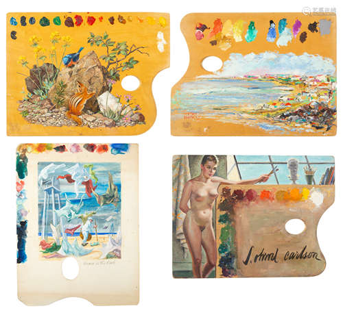 A GROUP OF FOUR 20TH CENTURY PAINTED ARTIST PALETTES, INCLUD...