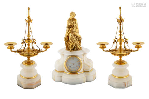 AN ORMOLU-MOUNTED WHITE MARBLE MANTLE CLOCK AND PAIR OF CAND...