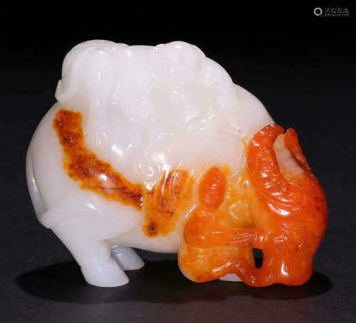 HETIAN JADE SEED CARVED COW&KID PENDANT