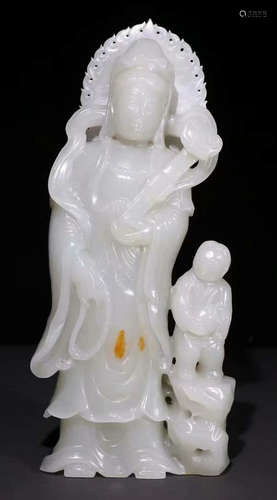 HETIAN JADE SEED CARVED GUANYIN BUDDHA STATUE