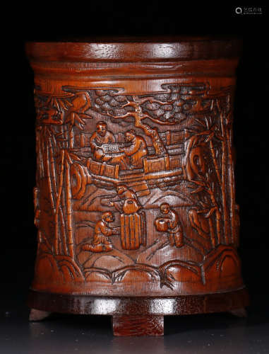 BAMBOO CARVED FIGURE PATTERN BRUSH POT