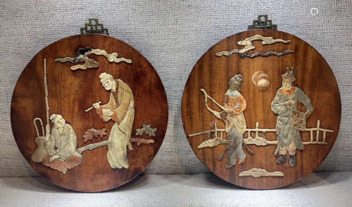 PAIR OF WOOD WITH GEM DECORATED SCREEN