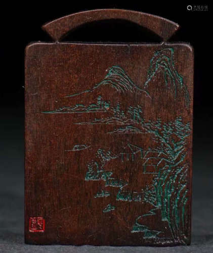 CHENXIANG WOOD CARVED LANDSCAPE PATTERN TABLET