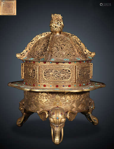 QIANLONG MARK GILT BRONZE CAST CENSER