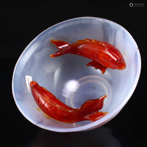 AGATE CARVED FISH PATTERN BOWL