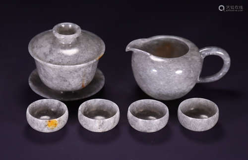 HETIAN JADE CARVED POT&CUP SET