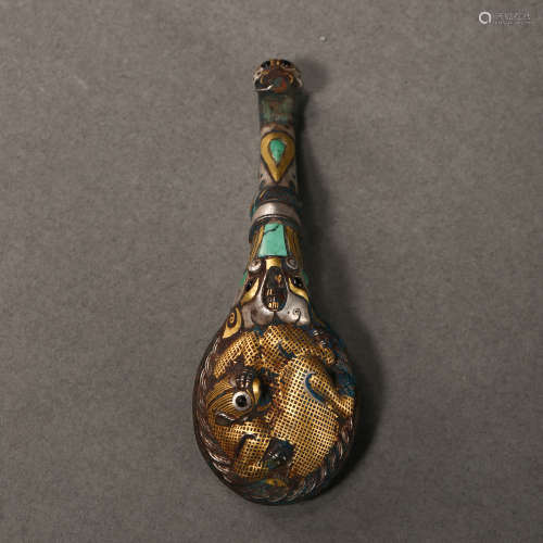 BRONZE BELT HOOK INLAID WITH GOLD, SILVER, AND TURQUOISE, TH...