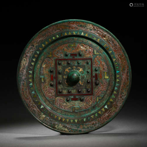 BRONZE MIRROR INLAID GOLD, SILVER AND HETIAN JADE , WARRING ...